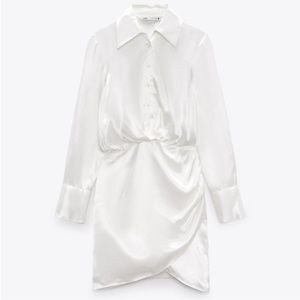 Zara White Satin Finish Button Up Collared Mini Dress with Draped Skirt
